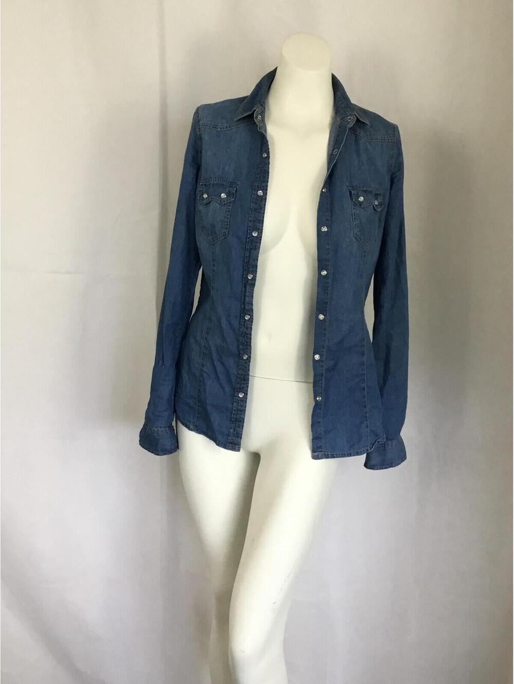 [380]Forever 21 Shirt W S Blue Chambray Snap Button Front Long Sleeve Casual Top